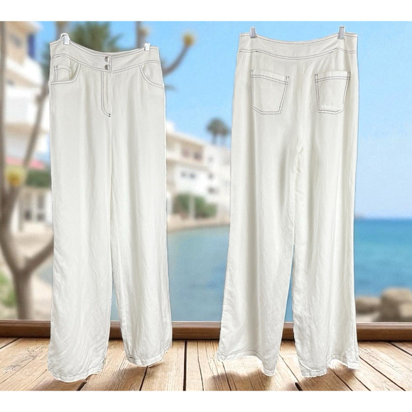 Karl Lagerfeld Women's Wide-Leg Linen Blend Pants Lined White Size 6 Nactical - Picture 1 of 9